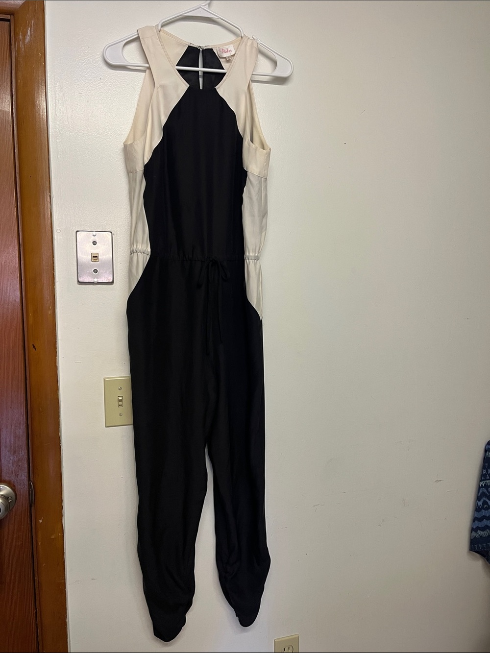 Parker Two-Tone Black and Cream Sleeveless Drawcord Jumpsuit